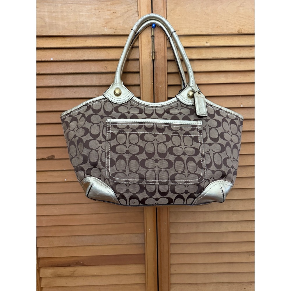 Coach Bleeker Khaki Signature Jacquard/Gold Patent Leather Tote Shoulder Bag - Picture 10 of 11